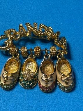 Gold Baby Shoe Charm Brooch with Multicolor Accents
